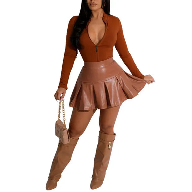 Fall Winter 2 Piece Set Women Dresses Black PU Leather Pleated Mini Skirt and Zip Long Sleeve Bodysuit Top Comfortable Lace Bodysuit Fall Winter 2 Piece Set Women Dresses Black PU Leather Pleated Mini Skirt and Zip Long Sleeve Bodysuit Top Comfortable Lace Bodysuit