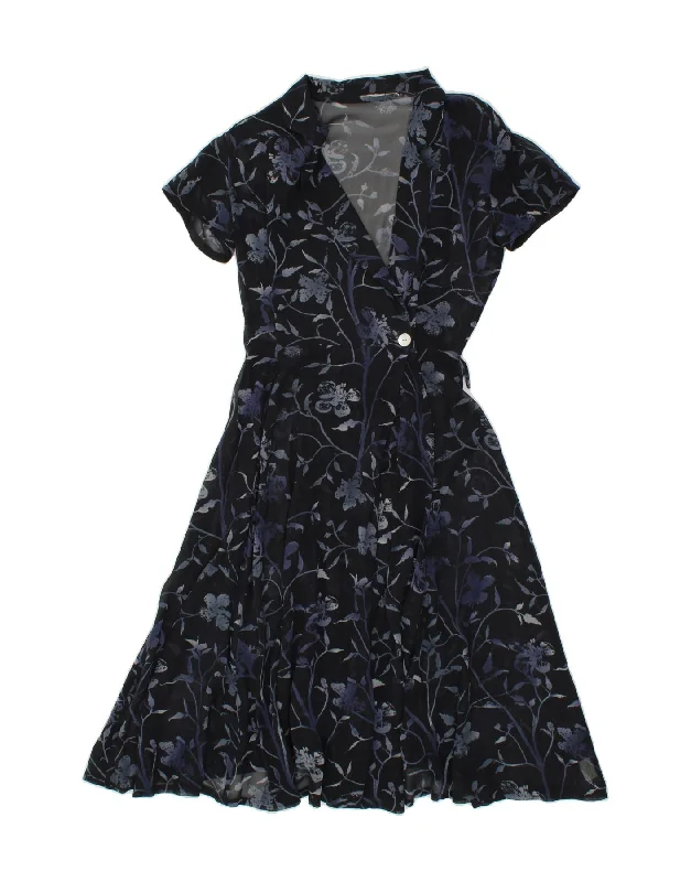 VINTAGE Womens See Through Wrap Dress UK 14 Medium Navy Blue Floral Stylish Printed Wrap Dress VINTAGE Womens See Through Wrap Dress UK 14 Medium Navy Blue Floral Stylish Printed Wrap Dress