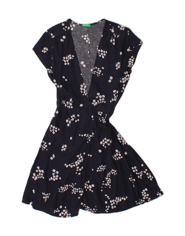 BENETTON Womens Wrap Dress UK 12 Medium Navy Blue Floral Comfortable T-shirt Wrap Dress BENETTON Womens Wrap Dress UK 12 Medium Navy Blue Floral Comfortable T-shirt Wrap Dress
