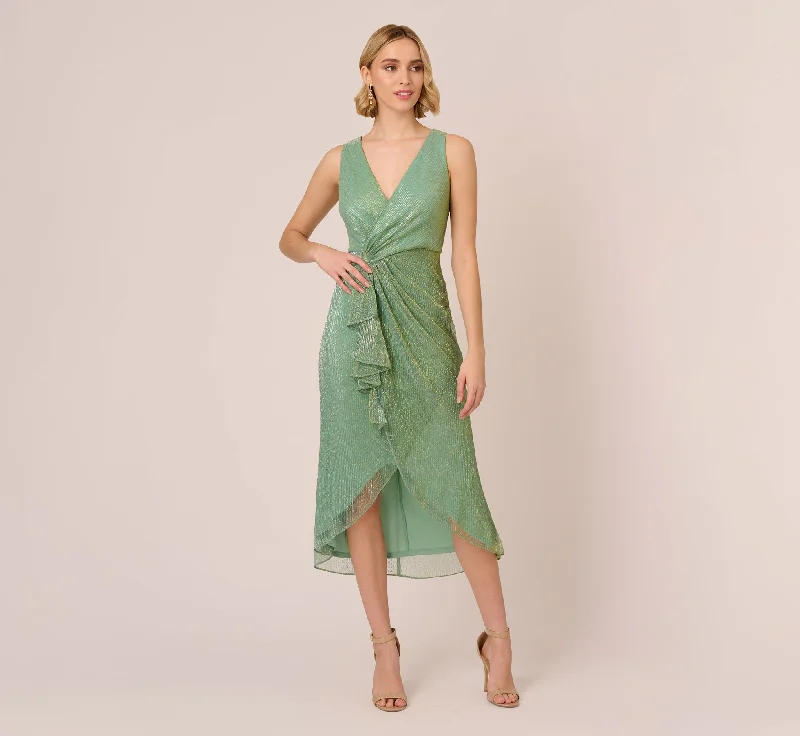 Crinkle Metallic Faux Wrap Dress With Draped Detail In Green Slate Fashionable Casual Wrap Dress Crinkle Metallic Faux Wrap Dress With Draped Detail In Green Slate Fashionable Casual Wrap Dress