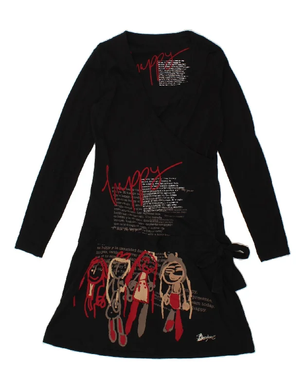 DESIGUAL Womens Graphic Long Sleeve Wrap Dress UK 14 Large Black Cotton Fashionable Wrap Dress with Belt DESIGUAL Womens Graphic Long Sleeve Wrap Dress UK 14 Large Black Cotton Fashionable Wrap Dress with Belt