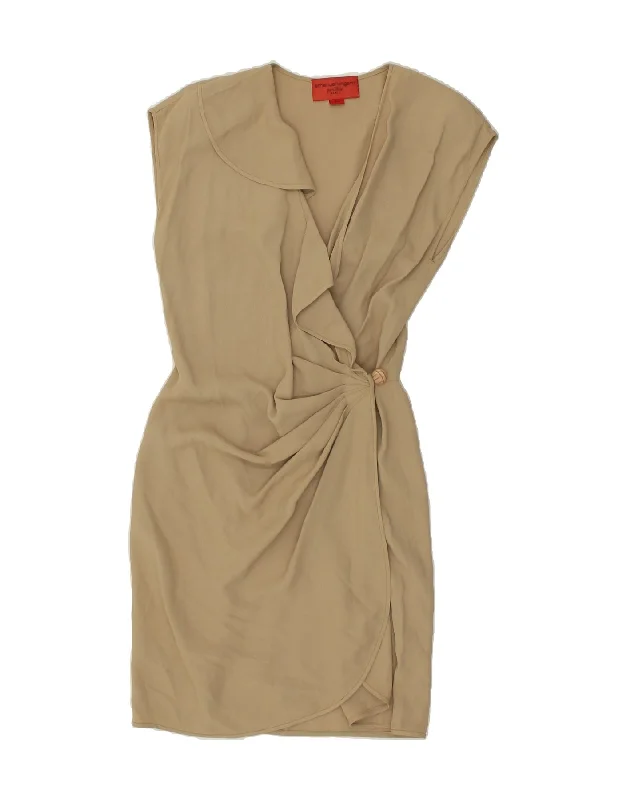 EMANUEL UNGARO Womens Sleeveless Wrap Dress UK 10 Small Beige Fashionable Long Wrap Dress EMANUEL UNGARO Womens Sleeveless Wrap Dress UK 10 Small Beige Fashionable Long Wrap Dress