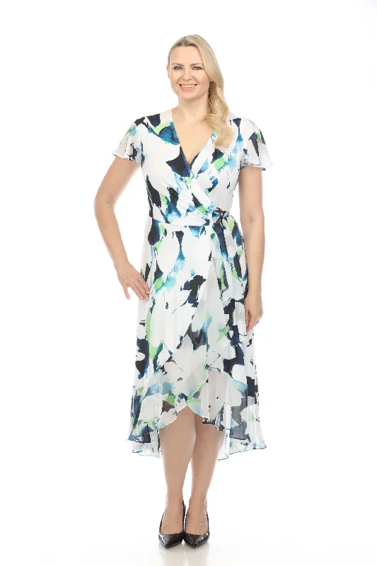 Joseph Ribkoff Vanilla/Multi Floral Print Flutter Sleeve Ruffled Chiffon Maxi Wrap Dress 242703 Fashionable Wrap Dress for Work Joseph Ribkoff Vanilla/Multi Floral Print Flutter Sleeve Ruffled Chiffon Maxi Wrap Dress 242703 Fashionable Wrap Dress for Work