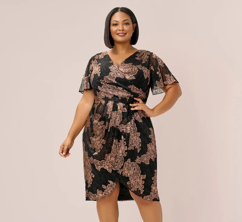 Plus Size Metallic Foil Crinkled Mesh Midi-Length Wrap Dress In Rose Gold Black Trendy Long Sleeve Wrap Dress Plus Size Metallic Foil Crinkled Mesh Midi-Length Wrap Dress In Rose Gold Black Trendy Long Sleeve Wrap Dress