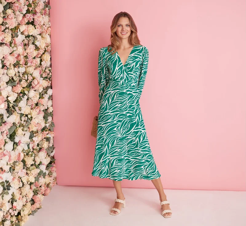 Printed Faux Wrap Dress With Bishop Long Sleeves In Green Ivory Comfortable Wrap Dress with Zipper Printed Faux Wrap Dress With Bishop Long Sleeves In Green Ivory Comfortable Wrap Dress with Zipper