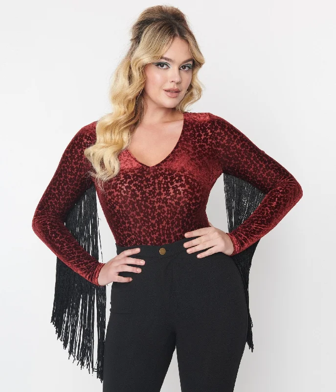 Smak Parlour 1970s Burgundy Floral Velvet Burnout Fringe Sleeved Bodysuit Fashionable Turtleneck Bodysuit Smak Parlour 1970s Burgundy Floral Velvet Burnout Fringe Sleeved Bodysuit Fashionable Turtleneck Bodysuit