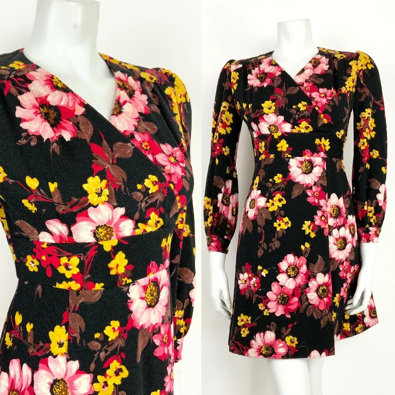 VINTAGE 60s 70s BLACK PINK YELLOW FLORAL BOHO WRAP DRESS 10 12 Comfortable Relaxed Fit Wrap Dress VINTAGE 60s 70s BLACK PINK YELLOW FLORAL BOHO WRAP DRESS 10 12 Comfortable Relaxed Fit Wrap Dress