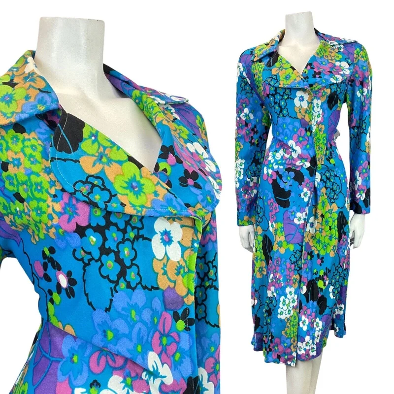 VINTAGE 60s 70s BLUE GREEN BLACK FLORAL PSYCHEDELIC HOUSECOAT WRAP DRESS 12 14 Fashionable Polka Dot Wrap Dress VINTAGE 60s 70s BLUE GREEN BLACK FLORAL PSYCHEDELIC HOUSECOAT WRAP DRESS 12 14 Fashionable Polka Dot Wrap Dress