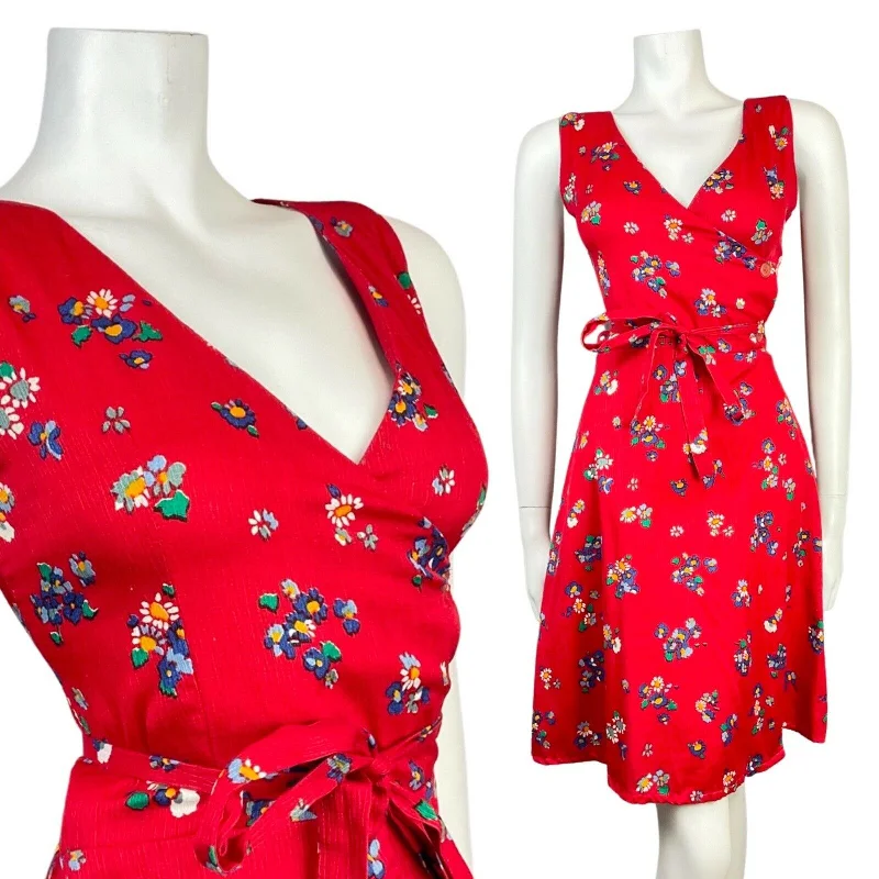 VINTAGE 60s 70s RED BLUE GREEN DITSY FLOWER SLEEVELESS MOD WRAP DRESS 10 12 Comfortable Wrap Dress with Zipper VINTAGE 60s 70s RED BLUE GREEN DITSY FLOWER SLEEVELESS MOD WRAP DRESS 10 12 Comfortable Wrap Dress with Zipper