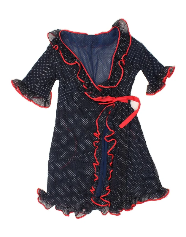VINTAGE Womens See Through Wrap Dress UK 12 Medium Navy Blue Spotted Nylon Elegant Plus-Size Wrap Dress VINTAGE Womens See Through Wrap Dress UK 12 Medium Navy Blue Spotted Nylon Elegant Plus-Size Wrap Dress
