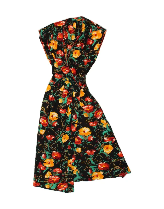 VINTAGE Womens Sleeveless Wrap Dress UK 14 Large Black Floral Fashionable Button-Down Wrap Dress VINTAGE Womens Sleeveless Wrap Dress UK 14 Large Black Floral Fashionable Button-Down Wrap Dress