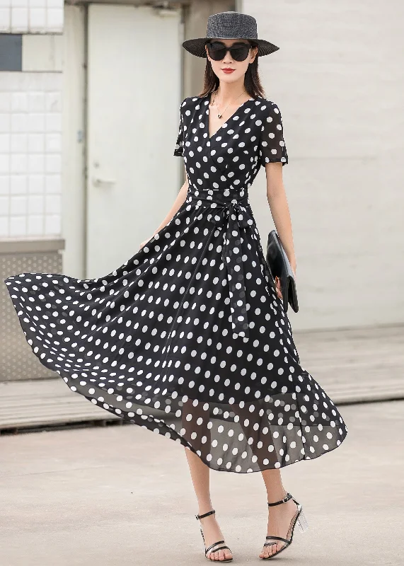 Black Polka Dot Chiffon Dress, Summer Woman Wrap Dress 2862 Stylish Printed Wrap Dress Black Polka Dot Chiffon Dress, Summer Woman Wrap Dress 2862 Stylish Printed Wrap Dress