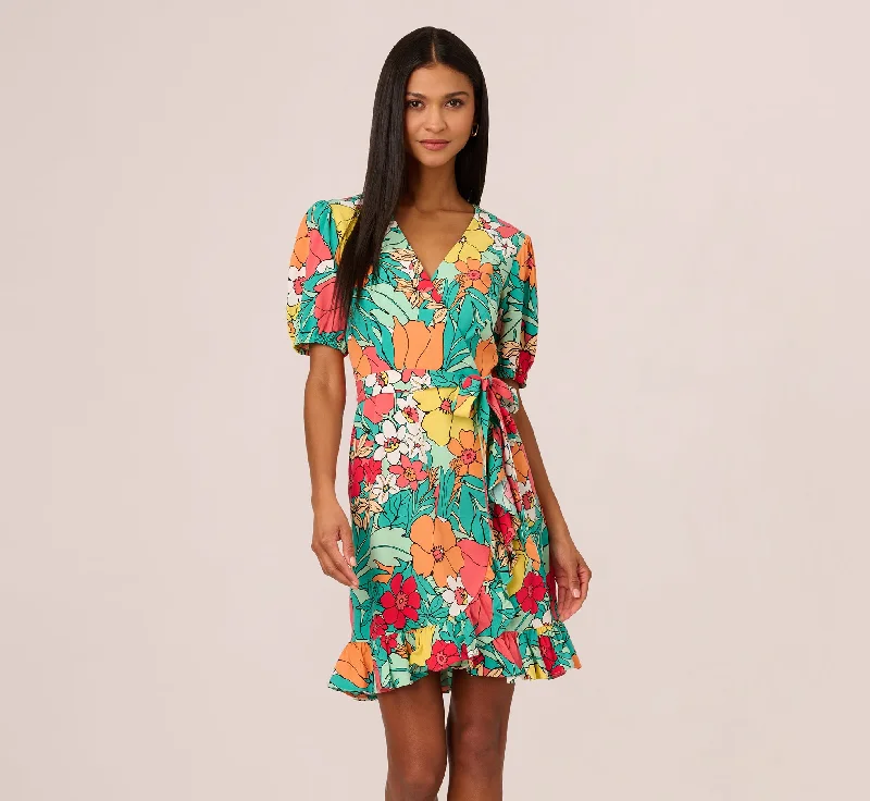 Drawn Floral Print Faux Wrap Dress With Short Sleeves In Aqua Coral Multi Fashionable Button-Down Wrap Dress Drawn Floral Print Faux Wrap Dress With Short Sleeves In Aqua Coral Multi Fashionable Button-Down Wrap Dress