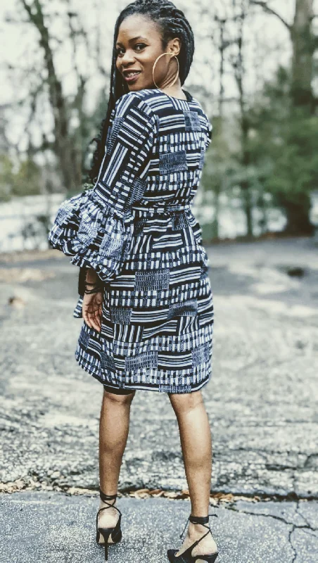 Emma Black White Kente African Print Wrap Dress-DPB0795PT Stylish Square Neck Wrap Dress Emma Black White Kente African Print Wrap Dress-DPB0795PT Stylish Square Neck Wrap Dress