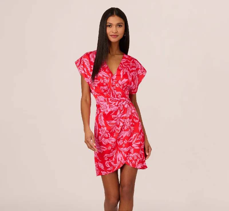 Floral Satin Faux Wrap Dress With Dolman Sleeves In Red Pink Elegant Stretch Wrap Dress Floral Satin Faux Wrap Dress With Dolman Sleeves In Red Pink Elegant Stretch Wrap Dress