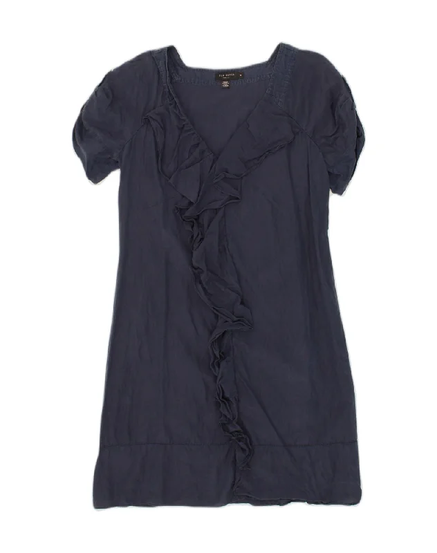 TED BAKER Womens Ruffle Front Wrap Dress Size 2 Small Navy Blue Silk Stylish Lace Detail Wrap Dress TED BAKER Womens Ruffle Front Wrap Dress Size 2 Small Navy Blue Silk Stylish Lace Detail Wrap Dress