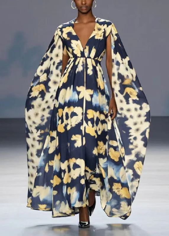Italian Black Cinched Print Chiffon Party Dresses Cloak Sleeves Tunics Fall fleece