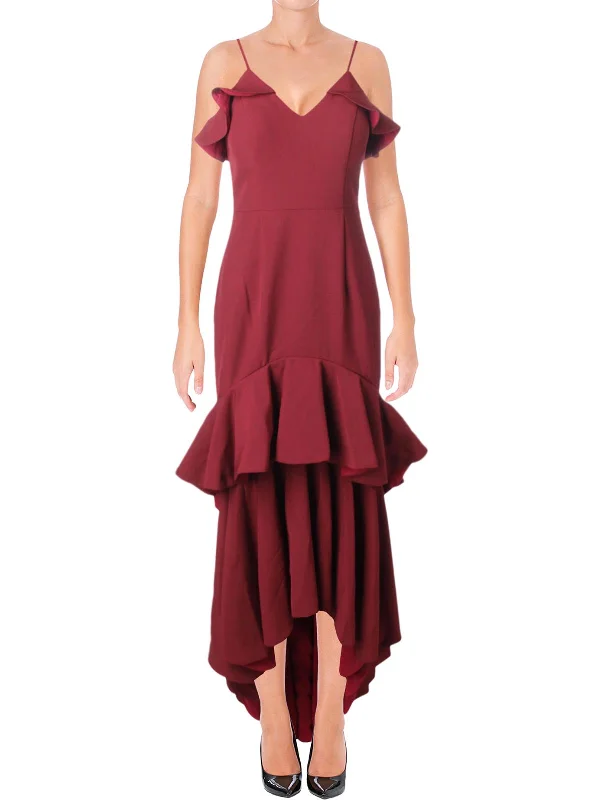 Mina Womens Ruffled Hi-Low Evening Dress Pencil Length Work
