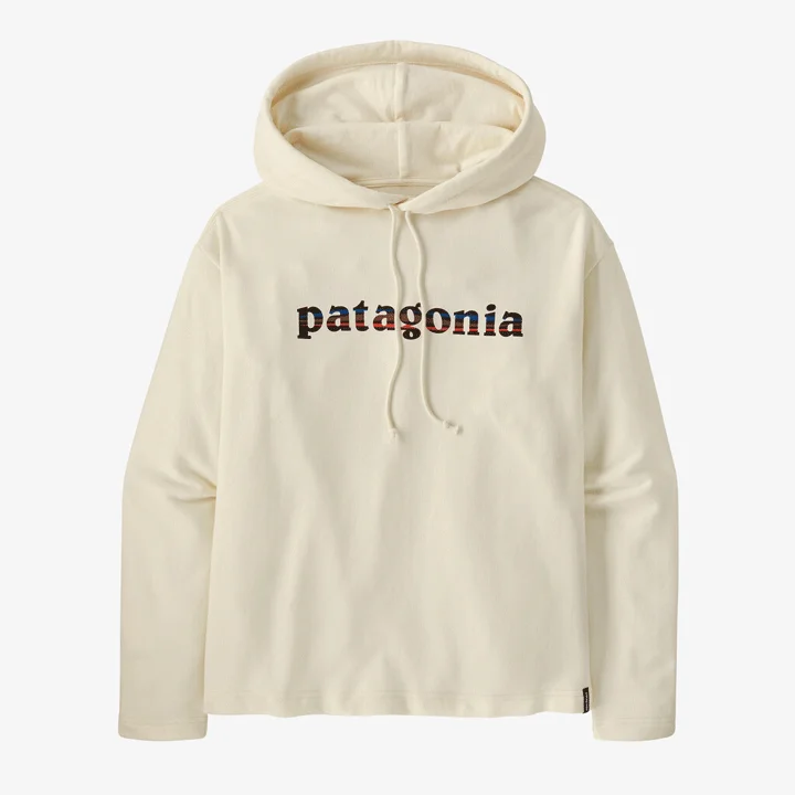 Patagonia Lightweight '73 Text Logo Wildrise Hoody Womens Hoodie with Hem Frayed Vintage Worn Patagonia Lightweight '73 Text Logo Wildrise Hoody Womens Hoodie with Hem Frayed Vintage Worn