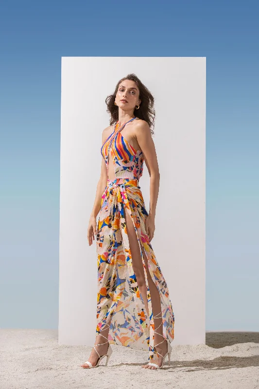 Spandex Geometric Printed Bodysuit With Printed Chiffon Wrap Stylish Bodysuit with Lace Accents Spandex Geometric Printed Bodysuit With Printed Chiffon Wrap Stylish Bodysuit with Lace Accents
