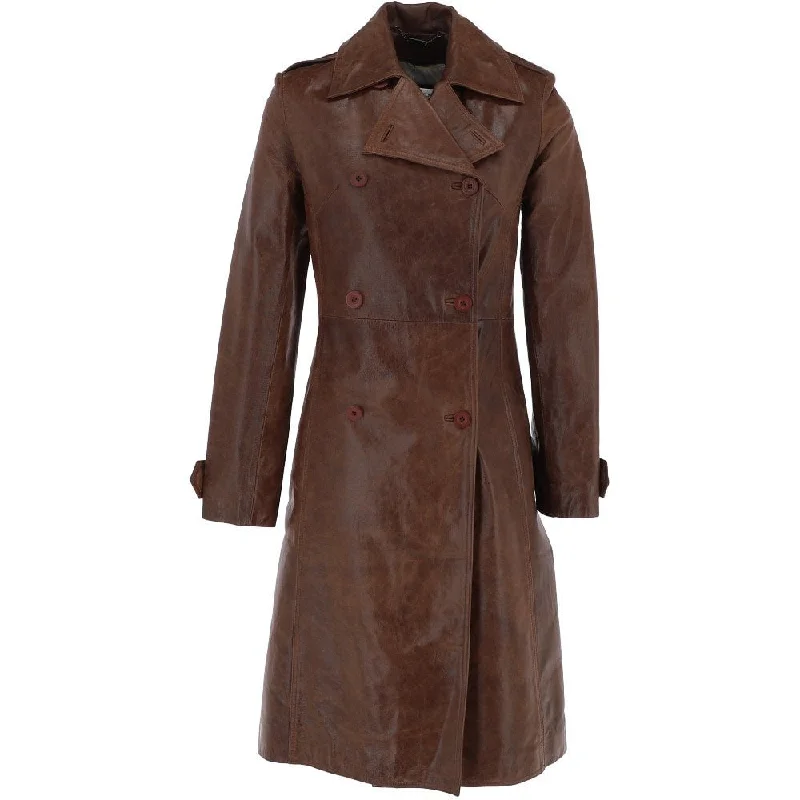 Women's 3-4 Double Breasted Mid Brown Leather Trench Long Overcoat Padded Wool Overcoat Women's 3-4 Double Breasted Mid Brown Leather Trench Long Overcoat Padded Wool Overcoat