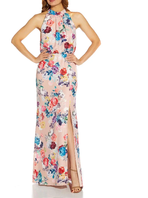 Womens Satin Floral Evening Dress Tunics Leisure comfortable