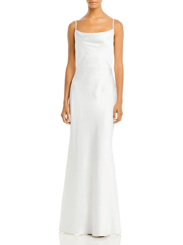 Womens Satin Long Evening Dress Boatneck Modish Everyday