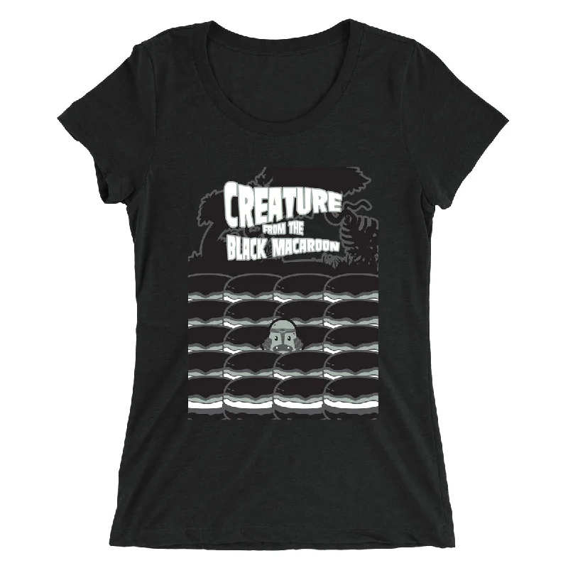Movie The Food™ "Creature From The Black Macaroon" Women's T-Shirt Spandex Blend Rayon Blend Denim Blend Movie The Food™ "Creature From The Black Macaroon" Women's T-Shirt Spandex Blend Rayon Blend Denim Blend
