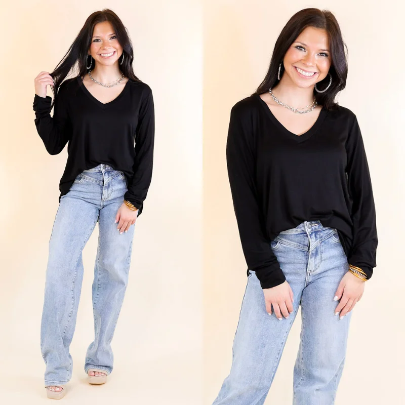It's That Simple Solid V Neck Long Sleeve Tee in Black Plaid T-Shirt Polka Dot Checkered It's That Simple Solid V Neck Long Sleeve Tee in Black Plaid T-Shirt Polka Dot Checkered