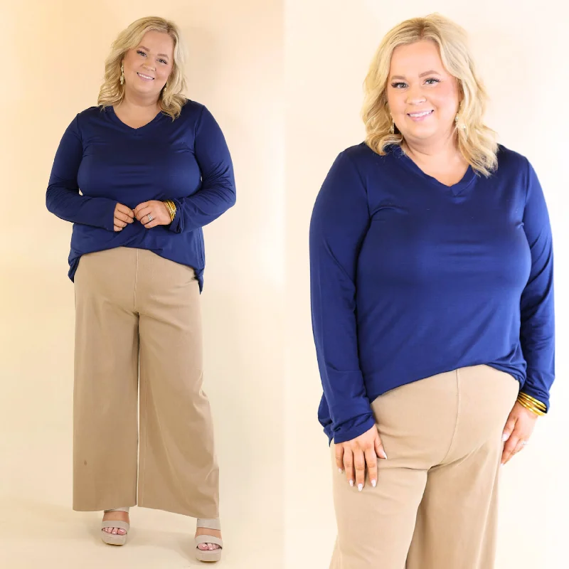 It's That Simple Solid V Neck Long Sleeve Tee in Navy Blue Mesh Fabric Canvas Fabric Denim Fabric It's That Simple Solid V Neck Long Sleeve Tee in Navy Blue Mesh Fabric Canvas Fabric Denim Fabric