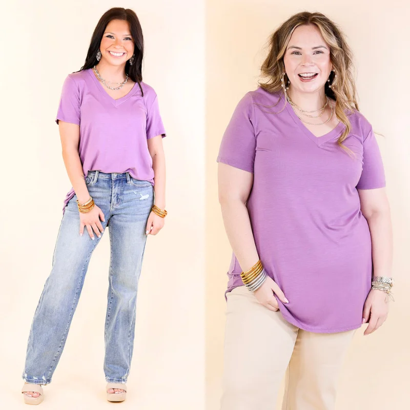 Last Chance Size Small, Medium & 3XL | It's That Simple Solid V Neck Tee in Dusty Lavender Boxy Fit Fitted Loose Last Chance Size Small, Medium & 3XL | It's That Simple Solid V Neck Tee in Dusty Lavender Boxy Fit Fitted Loose