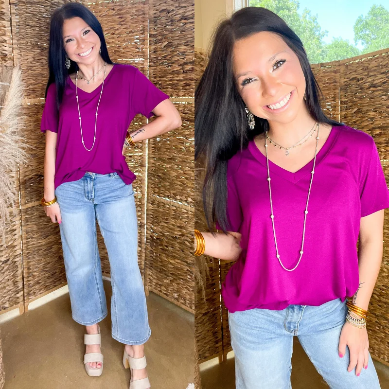Last Chance Size Small & Medium | It's That Simple Solid V Neck Tee in Magenta Purple Satin Blend Silk Blend Wool Blend Last Chance Size Small & Medium | It's That Simple Solid V Neck Tee in Magenta Purple Satin Blend Silk Blend Wool Blend