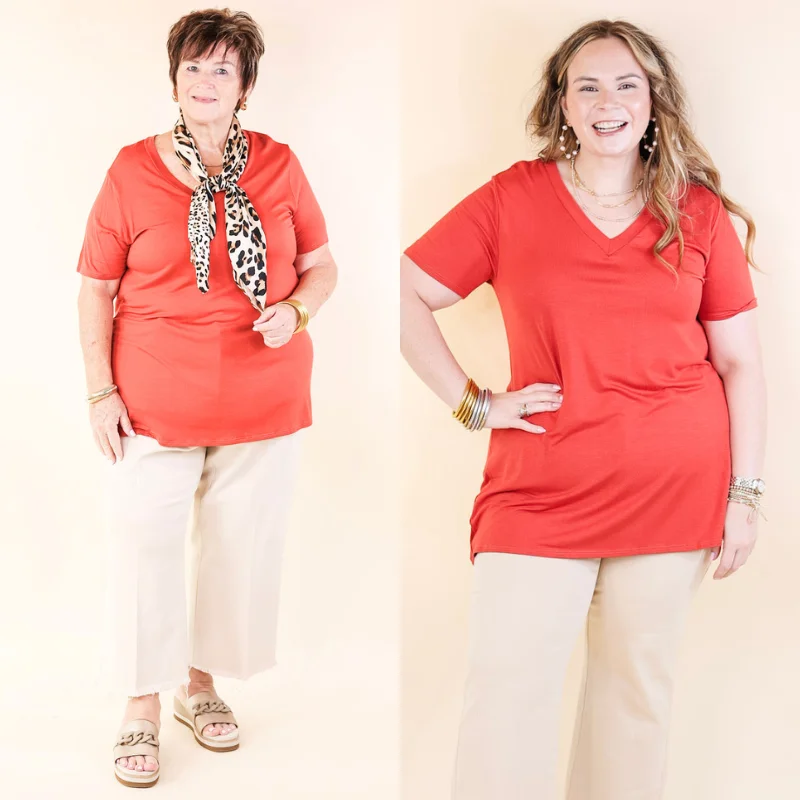 It's That Simple Solid V Neck Tee in Red Orange Fleece Fabric Down Fabric Feather Fabric It's That Simple Solid V Neck Tee in Red Orange Fleece Fabric Down Fabric Feather Fabric