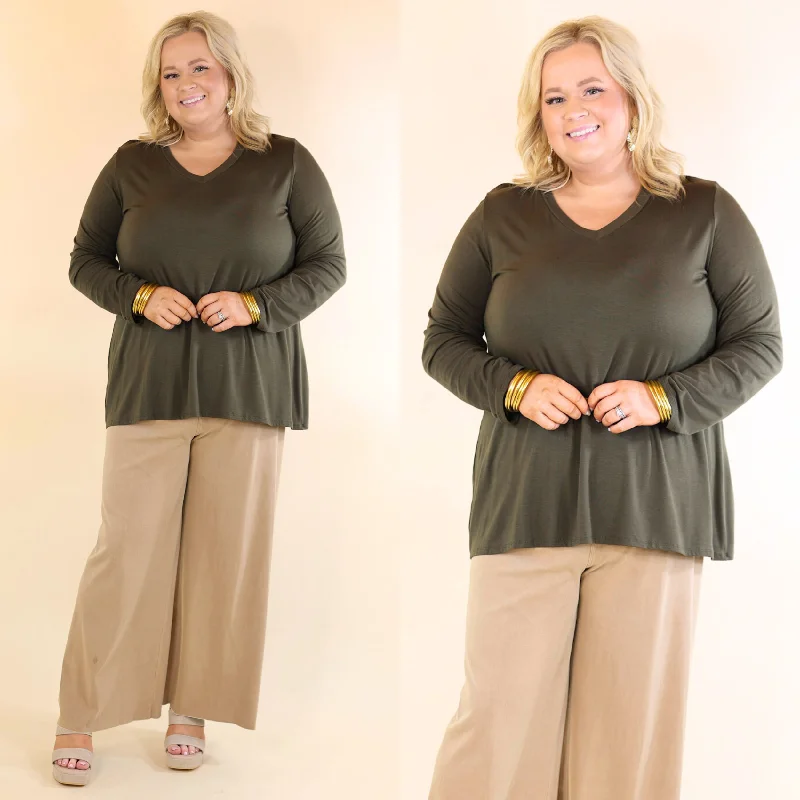 Plus Size | It's That Simple Solid V Neck Long Sleeve Tee in Olive Green Print Jacquard Patchwork Plus Size | It's That Simple Solid V Neck Long Sleeve Tee in Olive Green Print Jacquard Patchwork