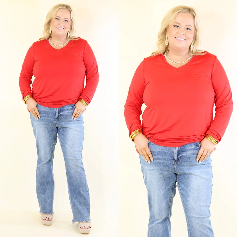Plus Size | It's That Simple Solid V Neck Long Sleeve Tee in Red V-Neck T-Shirt Long Sleeve Cotton Plus Size | It's That Simple Solid V Neck Long Sleeve Tee in Red V-Neck T-Shirt Long Sleeve Cotton