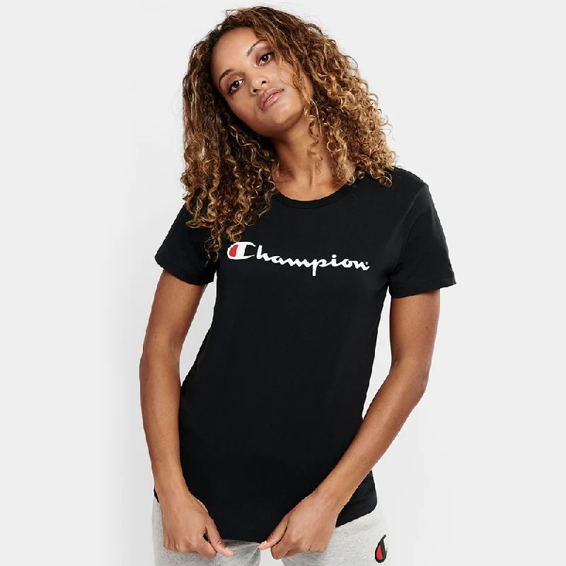 Womens Champion Script Short Sleeve Tee - Black Notch Collar Peter Pan Collar Cowl Neck Womens Champion Script Short Sleeve Tee - Black Notch Collar Peter Pan Collar Cowl Neck