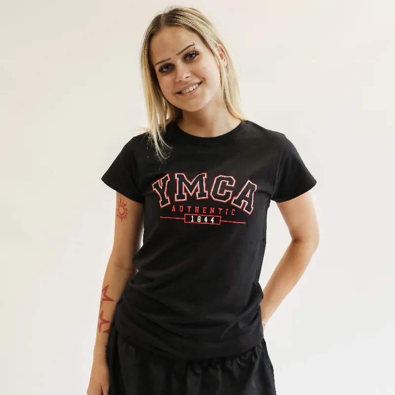 Womens YMCA Authentic Signature Tee - Black Denim Fabric Leather Fabric Suede Fabric Womens YMCA Authentic Signature Tee - Black Denim Fabric Leather Fabric Suede Fabric