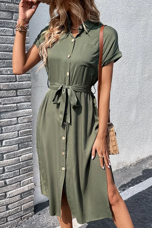 ROLL UP SLEEVE BUTTON UP BELTED SLIT DRESS