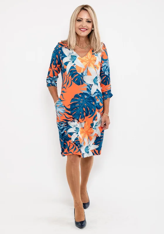 Leon Collection Lily Flower Print Dress, Orange Multi