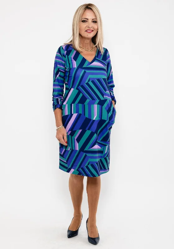 Leon Collection Geo Line Print Dress, Purple Multi