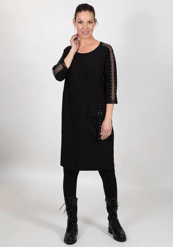 I.nco Mesh & Stud Trim Smock Dress, Black