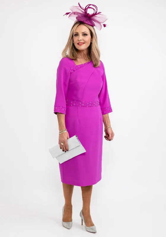Lizabella Detailed Asymmetric Neck Pencil Dress, Fuchsia