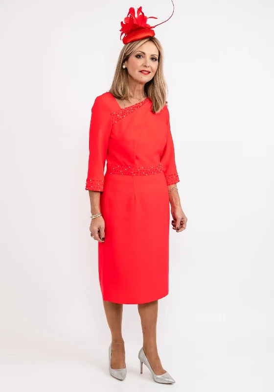 Lizabella Detailed Asymmetric Neck Pencil Dress, Red