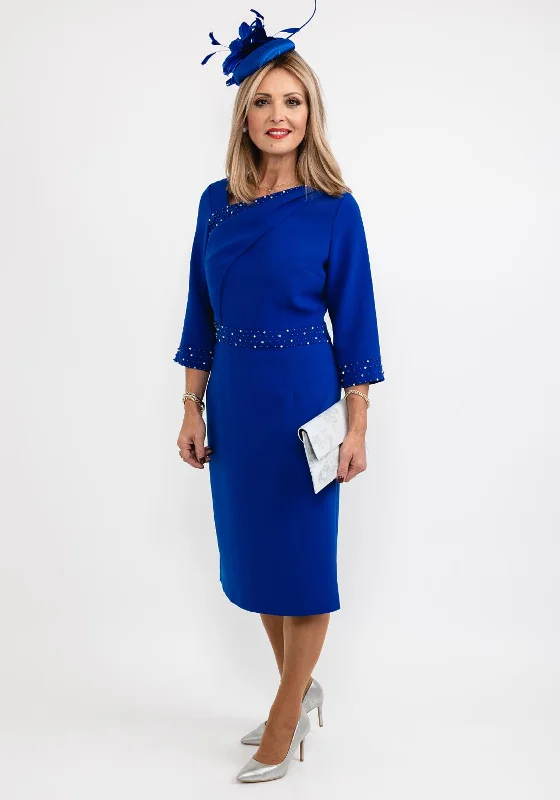 Lizabella Detailed Asymmetric Neck Pencil Dress, Royal Blue