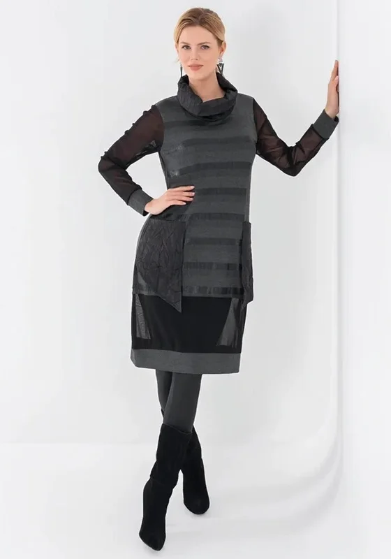 Ever Sassy Patch Pocket Sheer Detail Dress, Black and Grey