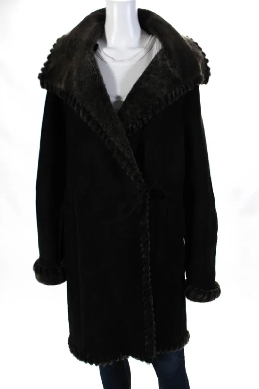 Christina Womens Suede Fur Lined Long Sleeve Tie Front Overcoat Black Modern City Overcoat Christina Womens Suede Fur Lined Long Sleeve Tie Front Overcoat Black Modern City Overcoat
