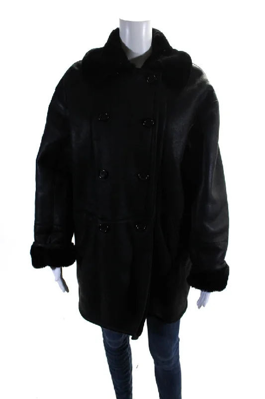 Designer Womens Leather Shearling Lined Button Down Overcoat Black Trendy A-Line Coat Designer Womens Leather Shearling Lined Button Down Overcoat Black Trendy A-Line Coat
