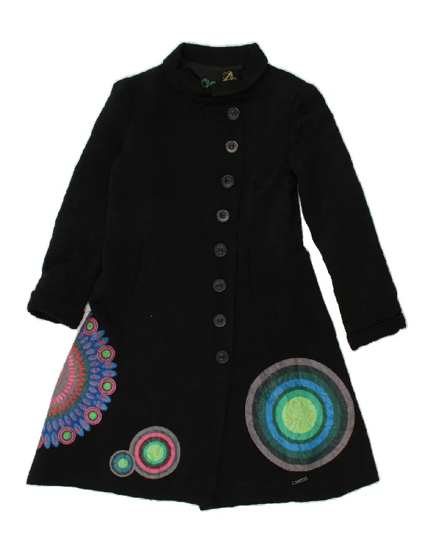 DESIGUAL Womens Graphic Overcoat UK 12 Medium Black Floral Asymmetrical Zip Overcoat DESIGUAL Womens Graphic Overcoat UK 12 Medium Black Floral Asymmetrical Zip Overcoat