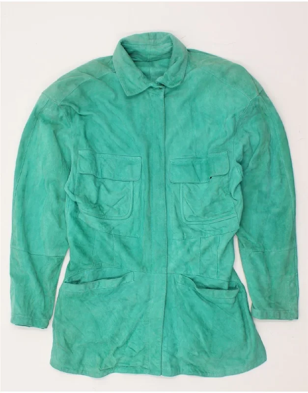 VINTAGE Womens Suede 3/4 Sleeve Overcoat IT 42 Medium Turquoise Leather Embroidered Classic Overcoat VINTAGE Womens Suede 3/4 Sleeve Overcoat IT 42 Medium Turquoise Leather Embroidered Classic Overcoat