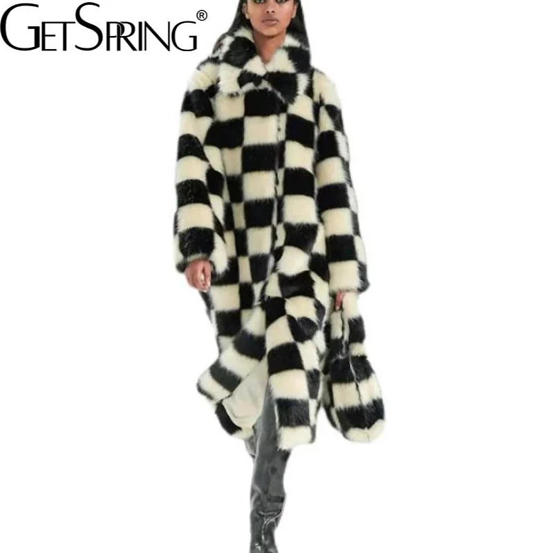 Women Fur Coat Color Matching Plaid Fox Fur Coats Plus Size Vintage Fashion Warm Lining Long Winter Overcoat 2021 New Ultra-Warm Wool Coat